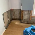 A room with a blue toilet and wooden floors