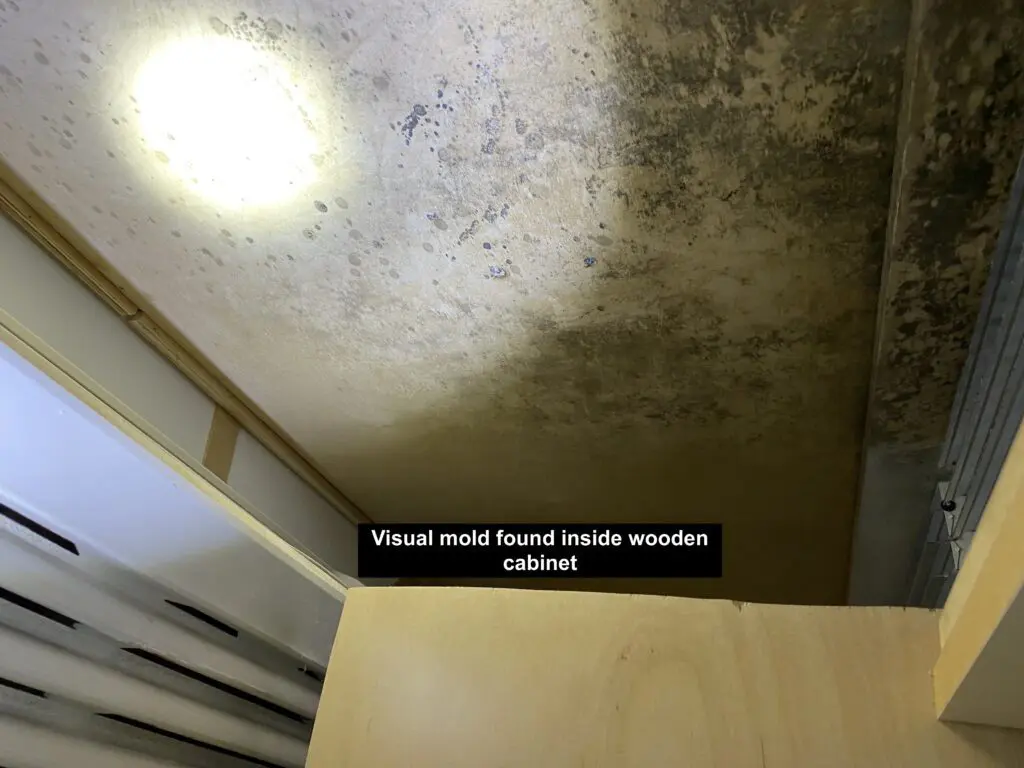 A sign on the ceiling of a room with mold.