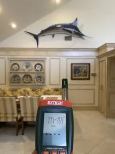 A room with a fish mounted on the wall.