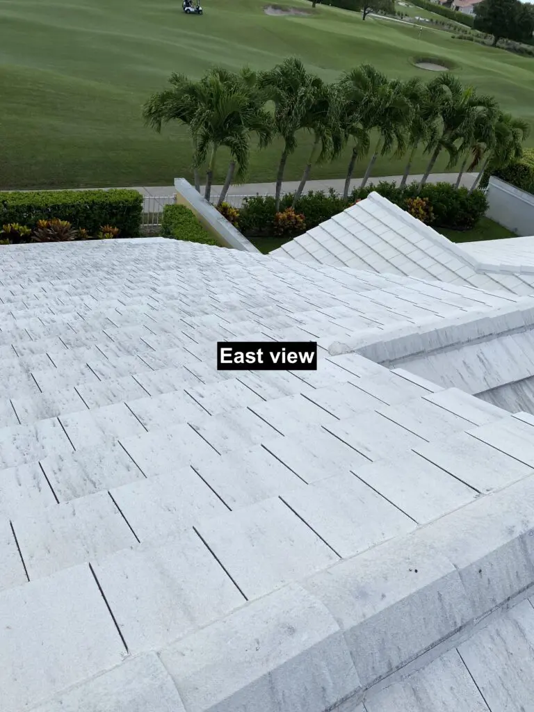A white brick roof with the words east view written on it.