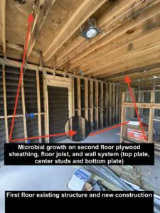 A room with several construction materials and some red lines.