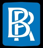 A blue and white logo of the letter b.