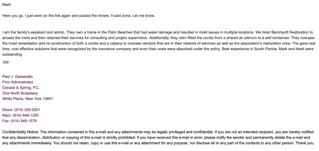 A letter from the palm beaches that has water damage and resulted in multiple issues.